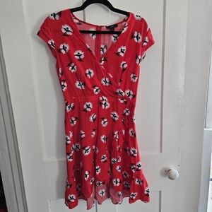 J Crew Mercantile Dress Sz. 4 Red Floral Mini Faux Wrap Ruffle Front Cap Sleeves